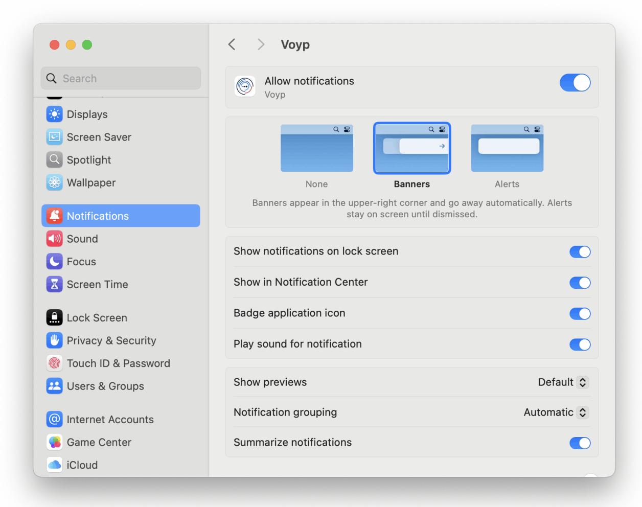 Voyp Settings Notifications